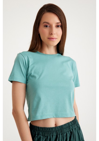 Mint Yeşil Crop T-Shirt Green Bisiklet Yaka Kadın Tişört Baby Tee