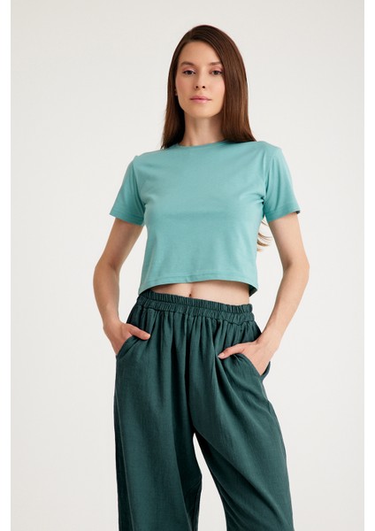 Mint Yeşil Crop T-Shirt Green Bisiklet Yaka Kadın Tişört Baby Tee