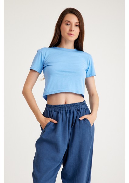 Light Blue Crop T-Shirt Açık Mavi Bisiklet Yaka Kadın Tişört Baby Tee