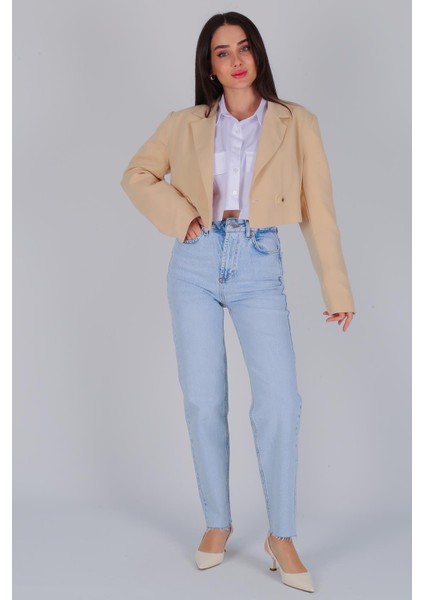 Kadın Bej Düğmeli Crop Blazer Ceket
