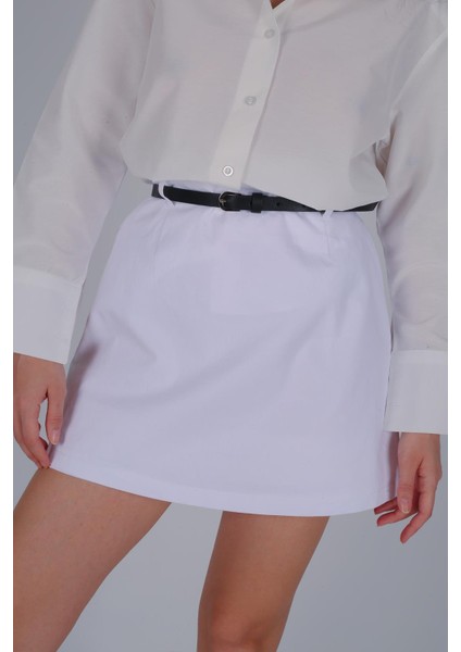 Kadın Beyaz Beli Lastikli Şort Etek