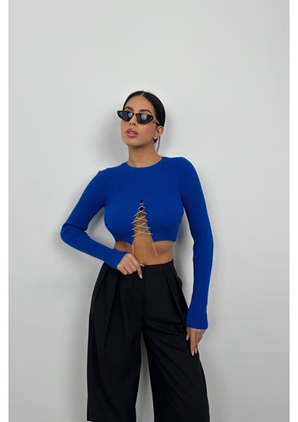 Taş Detay Triko Yaka Crop Bluz fiyatları