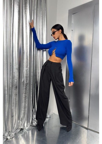 Taş Detay Triko Yaka Crop Bluz modelleri