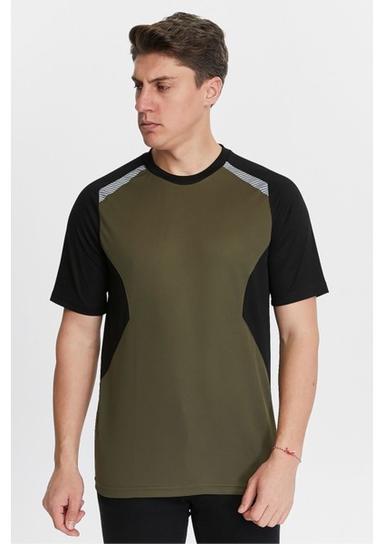 Erkek Sıfır Yaka Tişört Nefes Alan Kumaş Procool Spor Outdoor T-Shirt Haki-Siyah
