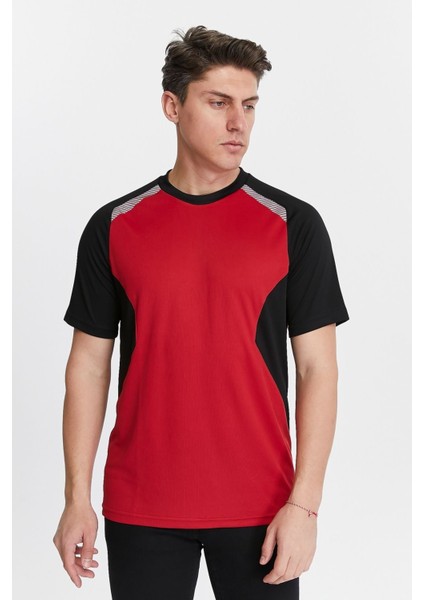 Erkek Sıfır Yaka Tişört Nefes Alan Kumaş Procool Spor Outdoor T-Shirt Kırmızı-Siyah