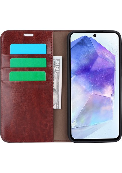 Samsung Galaxy A55 5g Cüzdan Kılıf Crazy Horse Dokulu Bölünmüş Deri + Tpu Telefon Kapağı (Yurt Dışından)