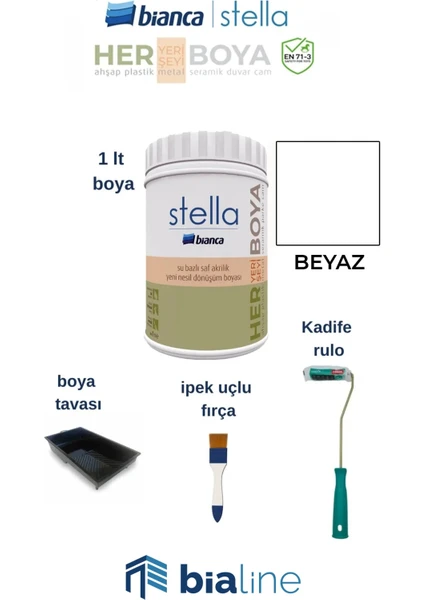 Stella Boya Seti (Bianca Stella Boya- Kadife Rulo - Ipek Fırça - Boya Kabı) – Beyaz