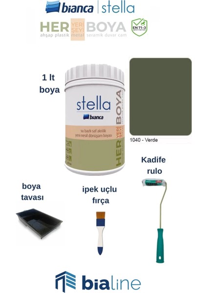 Stella Boya Seti (Bianca Stella Boya- Kadife Rulo - Ipek Fırça - Boya Kabı) - Verde