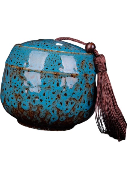Seramik Çay Kutusu Zencefil Kavanoz Masaüstü Geçirmez Kapaklı Püskül Mavi 6.2x5.2cm 70ML (Yurt Dışından)
