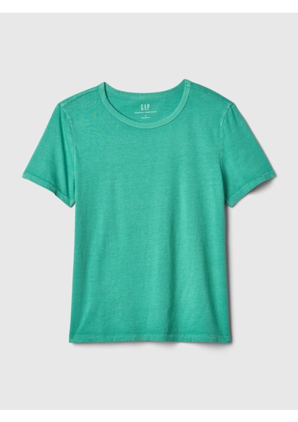 Kadın Yeşil %100 Pamuk Vintage Bisiklet Yaka T-Shirt