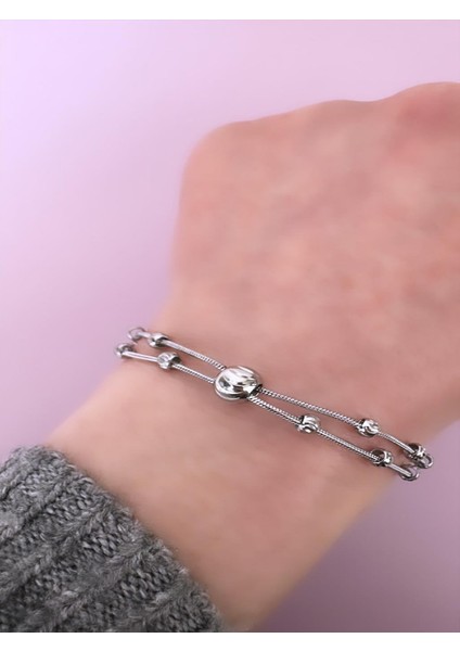 Çelik 2'li Topçuklar Silver Bileklik (Uzunluk: 17-22 Cm)
