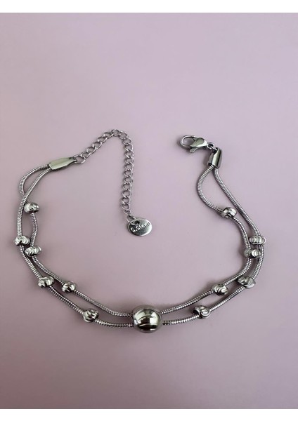 Çelik 2'li Topçuklar Silver Bileklik (Uzunluk: 17-22 Cm)