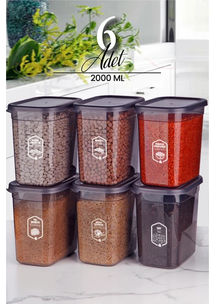 Kitchen Life 6'lı Antrasit Moly Dikdörtgen Saklama Kabı Seti 2000 ml - Çoklu Set Yapılabilen Set Erzak