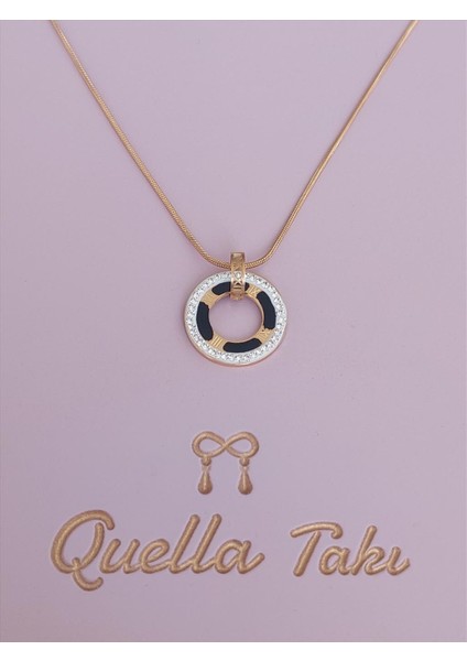 Çelik Uzun Siyah Plaka Zirkon Taş Gold Kolye (80-85 Cm)