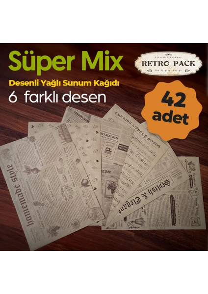 Retro Pack Süper Mix - 1 Kutuda 42 adet- 6 farklı Desenli Sunum Kağıdı-Vintage Sunum Kağıdı-Yağlı Kağıt