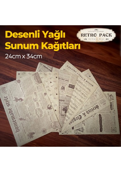 Retro Pack Süper Mix - 1 Kutuda 42 adet- 6 farklı Desenli Sunum Kağıdı-Vintage Sunum Kağıdı-Yağlı Kağıt