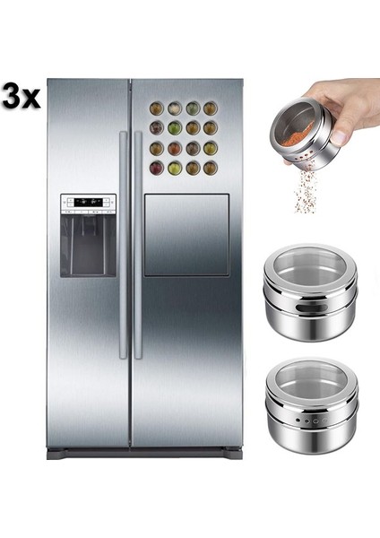 Kaliteli Paslanmaz Çelik 3 lü Paket Mıknatıslı Baharatlık cin114