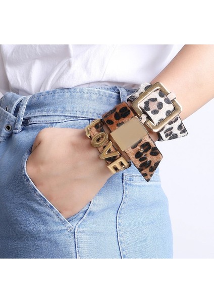 No.18 Boyutu Dvacaman Trendy Yeni Sıcak Yuvarlak Daire Moda Leopar Baskı Geniş Deri Bileklik Kadın Vintage Bilezik Kadın Düğün Takısı (Yurt Dışından)
