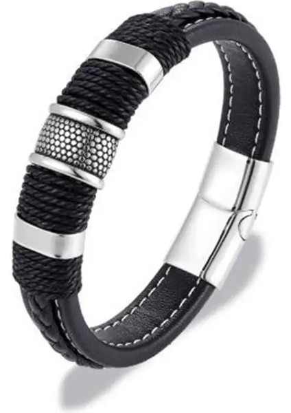 A7593-GÜMÜŞ-23CM Moda Çok Katmanlı Örgülü Hakiki Deri Bilezik Yüksek Li Metal Manyetik Toka Bilezik Erkekler Örgülü Bilezik Takı (Yurt Dışından) modelleri