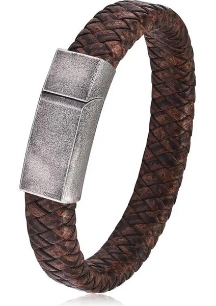 22CM Tarzı No.2 Boyutu Jiayiqi Erkekler Kahverengi Örgülü Deri Bilezik Paslanmaz Çelik Manyetik Toka Moda Bilezik Punk Erkek Takı (Yurt Dışından)
