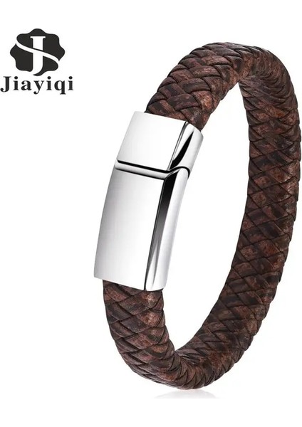 22CM Tarzı No.2 Boyutu Jiayiqi Erkekler Kahverengi Örgülü Deri Bilezik Paslanmaz Çelik Manyetik Toka Moda Bilezik Punk Erkek Takı (Yurt Dışından) fiyatları