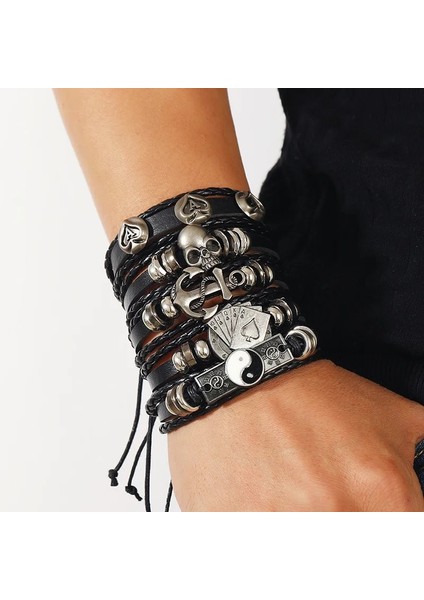 No.11 Boyutu Moda Siyah Kafatası Çok Katmanlı Boncuklu El Deri Bilezik Erkekler Için Set Ayarlanabilir Dıy Deri Sarma El Halat (Yurt Dışından) fırsatları