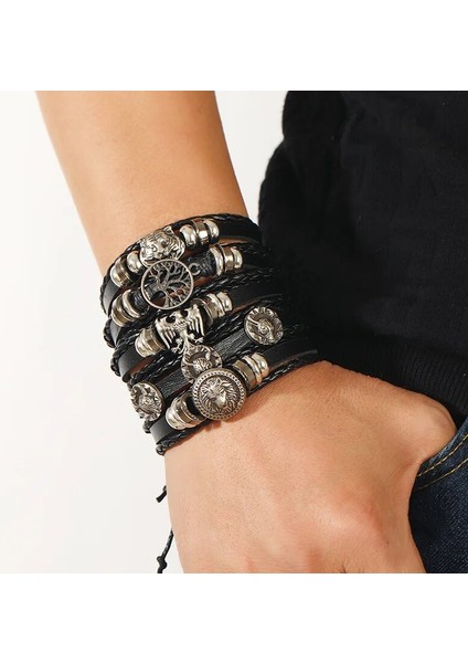 No.4 Boyutu Moda Siyah Kafatası Çok Katmanlı Boncuklu El Deri Bilezik Erkekler Için Set Ayarlanabilir Dıy Deri Sarma El Halat (Yurt Dışından) modelleri