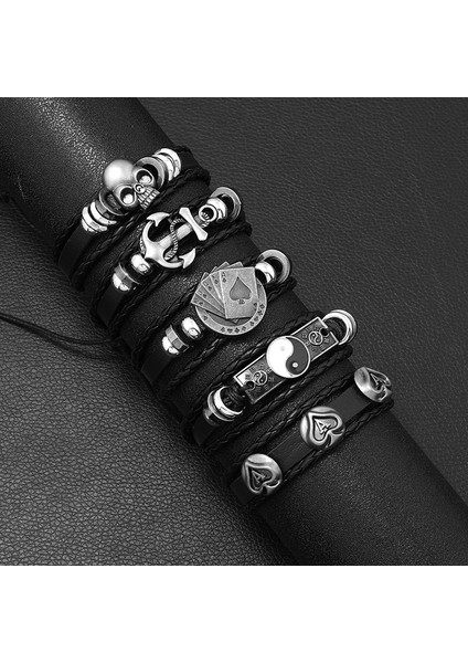 No.4 Boyutu Moda Siyah Kafatası Çok Katmanlı Boncuklu El Deri Bilezik Erkekler Için Set Ayarlanabilir Dıy Deri Sarma El Halat (Yurt Dışından) indirimleri