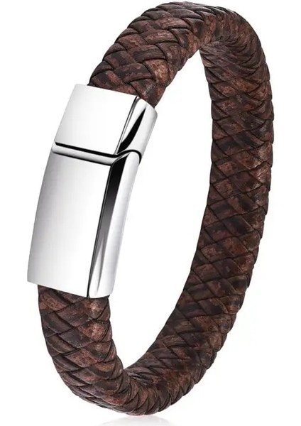 20.5cm Tarzı No.2 Boyutu Jiayiqi Erkekler Kahverengi Örgülü Deri Bilezik Paslanmaz Çelik Manyetik Toka Moda Bilezik Punk Erkek Takı (Yurt Dışından) modelleri