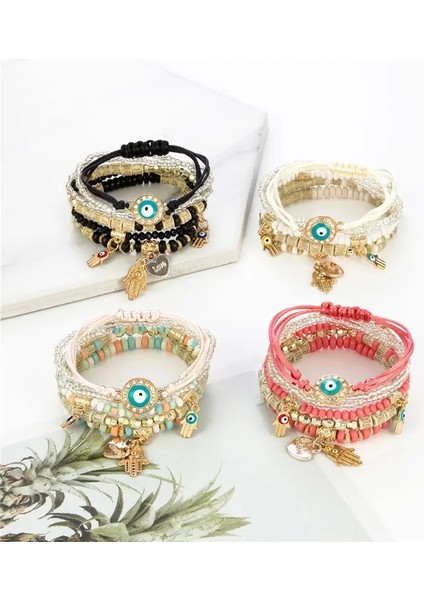BR22Y0049 Bohemia Çok Katmanlı Elastik Örgü Bilezik Seti Kadınlar Için Kalp Kelebek Nazar Boncuk Kombinasyonu Bilezik Charm Takı Hediyeler (Yurt Dışından) fiyatları
