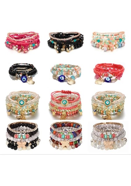 BR22Y0049 Bohemia Çok Katmanlı Elastik Örgü Bilezik Seti Kadınlar Için Kalp Kelebek Nazar Boncuk Kombinasyonu Bilezik Charm Takı Hediyeler (Yurt Dışından) modelleri
