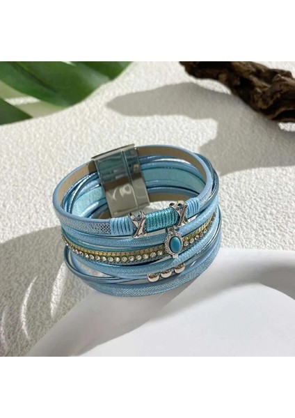 Mavi Allyes Retro Çapraz Metal Boncuk Deri Bilezik Kadınlar Için Charm Kristal Zincir Mavi Taş Çok Katmanlı Wrap Bilezikler Takı Hediyeler (Yurt Dışından)