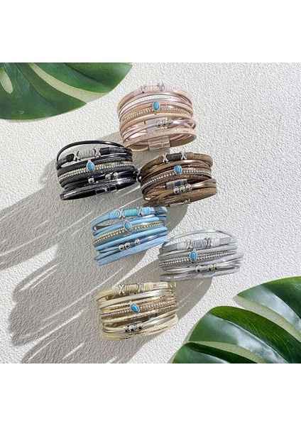 Mavi Allyes Retro Çapraz Metal Boncuk Deri Bilezik Kadınlar Için Charm Kristal Zincir Mavi Taş Çok Katmanlı Wrap Bilezikler Takı Hediyeler (Yurt Dışından) fiyatları