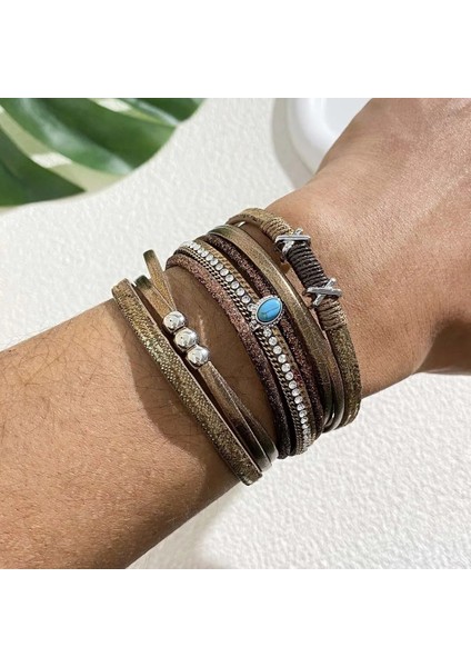 Mavi Allyes Retro Çapraz Metal Boncuk Deri Bilezik Kadınlar Için Charm Kristal Zincir Mavi Taş Çok Katmanlı Wrap Bilezikler Takı Hediyeler (Yurt Dışından) fırsatları