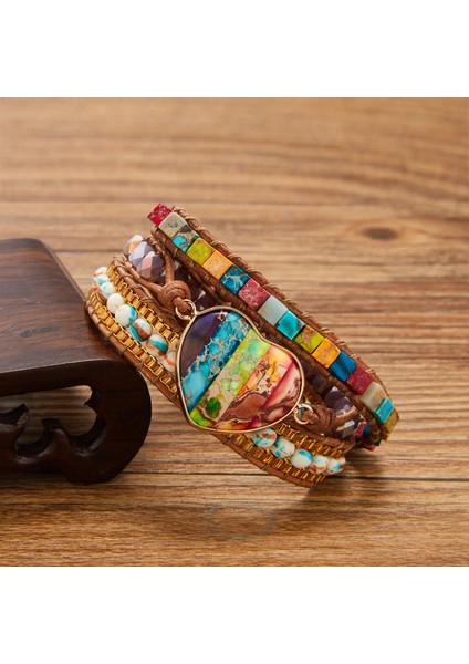 Ayarlanabilir Stil BR18Y0734-2 Yeni Moda Karışık Renk Doğal Taş Bilezik Kadın Erkek Çakra Kalp Wrap Deri Zincir Bilezik ve Bileklik Charm Takı (Yurt Dışından) modelleri