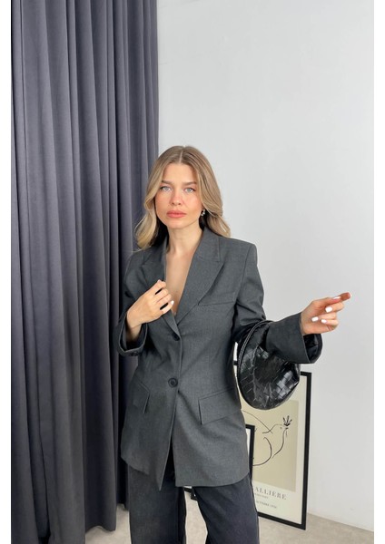 Antrasit Vatkalı Düğmeli Astarlı Blazer Ceket