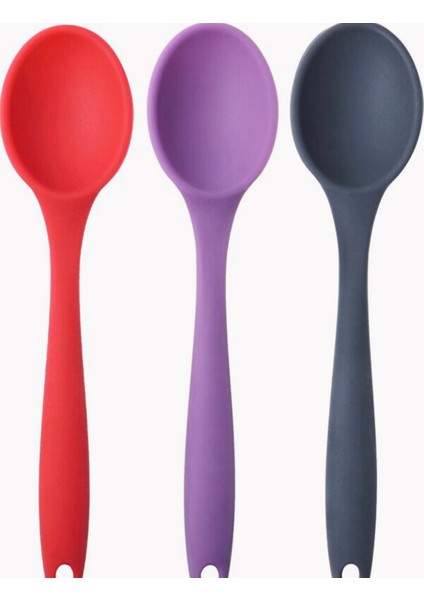 Pink Rose Bybirgül Büyük Boy Yanmaz Yapışmaz Silikon 3lü Spatula Kaşık Set Antrasit ,kırmızı,lila Renk 3 Adet