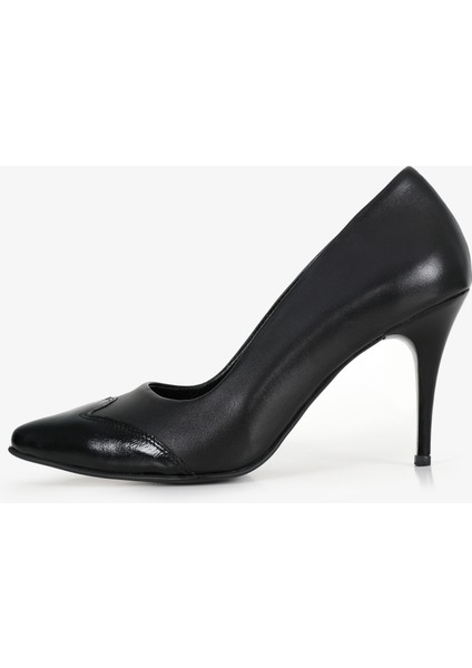 Hakiki Deri Stiletto Siyah Topuklu Ayakkabı - 9 Cm İnce Topuk Sivri Burun - El İşçiliği Rugan Detaylı Premium Yumuşak Deri GRS001-SH