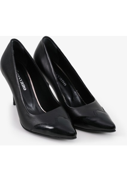 Hakiki Deri Stiletto Siyah Topuklu Ayakkabı - 9 Cm İnce Topuk Sivri Burun - El İşçiliği Rugan Detaylı Premium Yumuşak Deri GRS001-SH