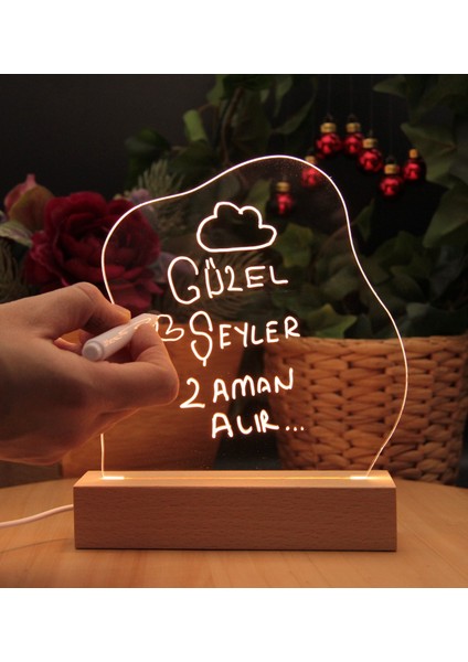 LED Işıklı Pleksi Mesaj Panosu Ahşap Tabanlı