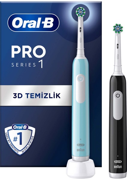 Pro Series 1 İkili Paket, Siyah ve Mavi Elektrikli Diş Fırçaları, 2 Diş Fırçası Başlığı, Braun Tasarımı