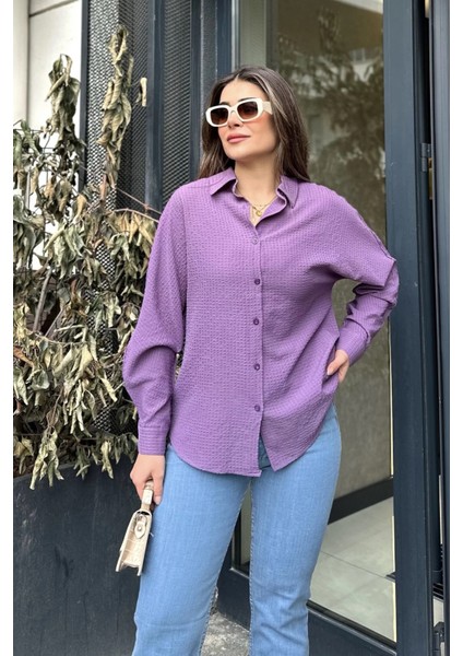 Kadın Mor Basic Model, Gofre Kumaş, Salaş Gömlek