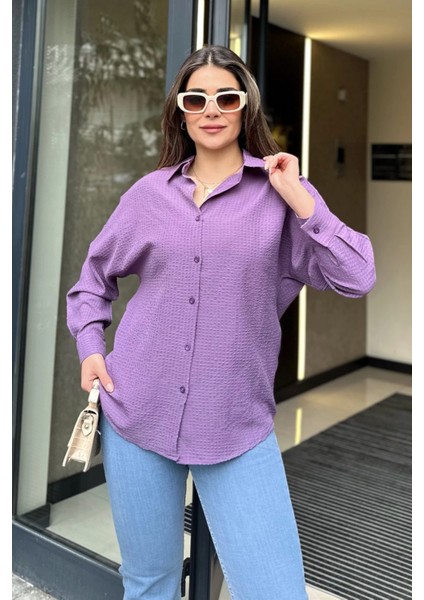 Kadın Mor Basic Model, Gofre Kumaş, Salaş Gömlek