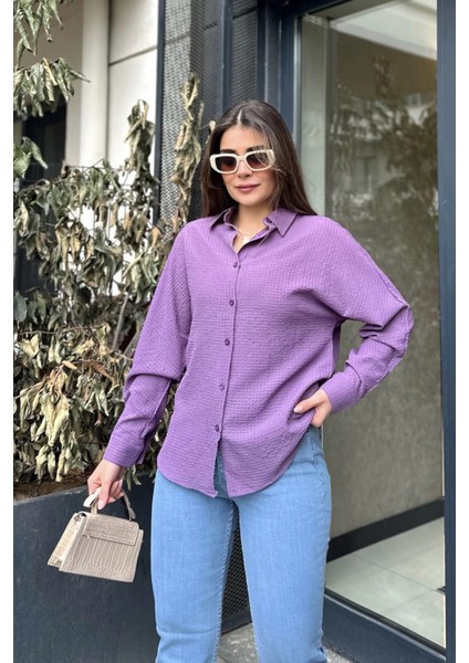 Kadın Mor Basic Model, Gofre Kumaş, Salaş Gömlek