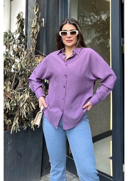 Kadın Mor Basic Model, Gofre Kumaş, Salaş Gömlek