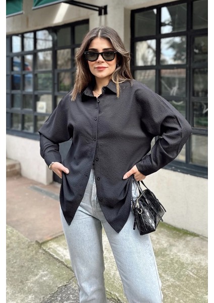 Kadın Siyah Basic Model, Gofre Kumaş, Salaş Gömlek