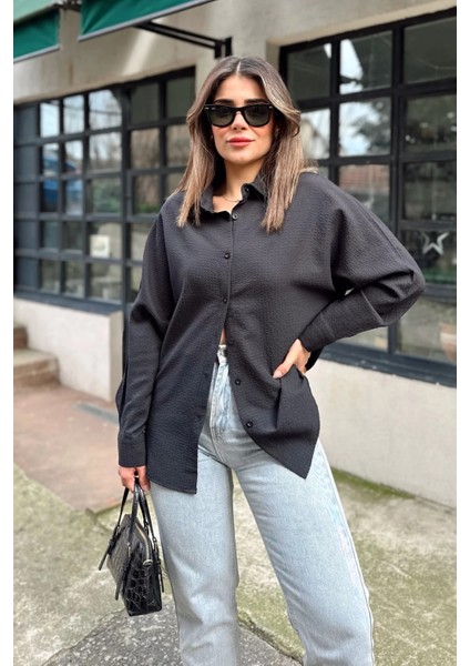 Kadın Siyah Basic Model, Gofre Kumaş, Salaş Gömlek