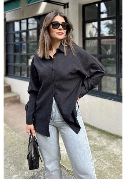 Kadın Siyah Basic Model, Gofre Kumaş, Salaş Gömlek