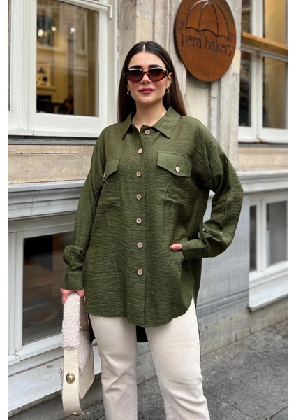 Kadın Haki Balon Kol, Pileli, Yırtmaçlı, Oversize, Keten Tunik Gömlek