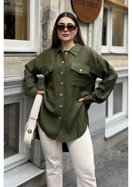 Kadın Haki Balon Kol, Pileli, Yırtmaçlı, Oversize, Keten Tunik Gömlek fırsatları